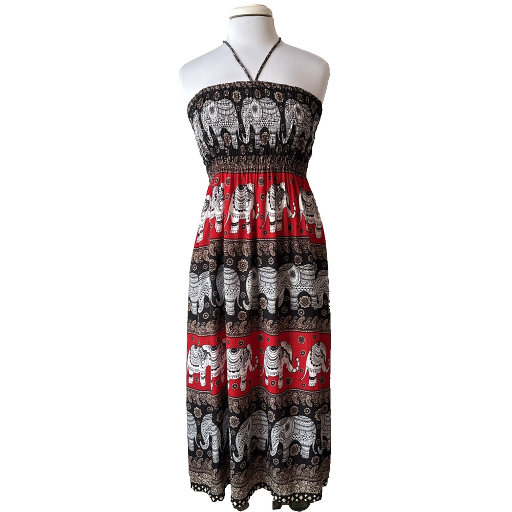 Strapless Elephant Print Maxi Dress in Red and Black